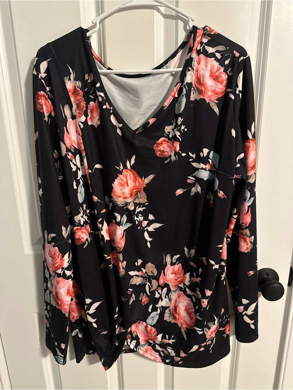 Amazon Black Long Sleeve V-Neck Top with Coral Rose Print